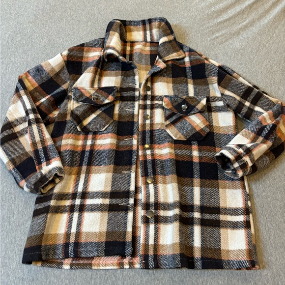White, Orange, Brown & Black Plaid Button Up Shacket - Picture 2 of 3